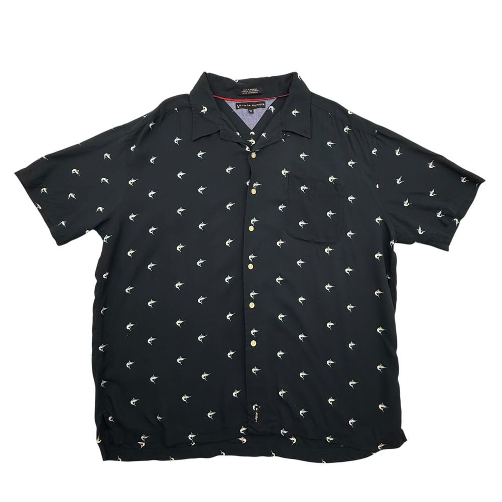 Tommy Hilfiger Button Up Mens Double Extra Large Blue Marlin Print Short Sleeve